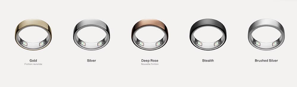 Coloris et finitions de l'Oura Ring 5 : argent, noir, or, stealth