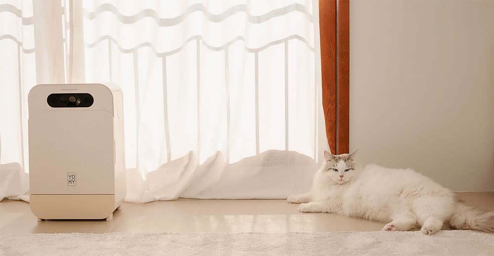 Distributeur connecté YOMY de pâtée pour chat dans un salon