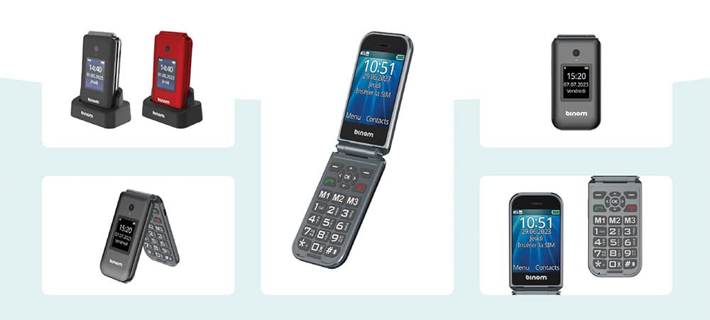 Le Binom X3, téléphone à clapet pour seniors disponible en rouge et noir
