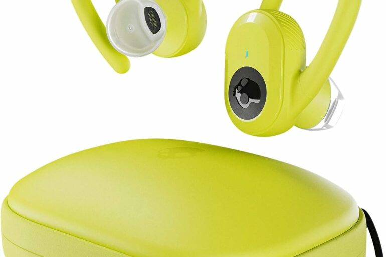 Écouteurs sport sans fil Skullcandy Push Ultra jaunes avec boîtier de charge