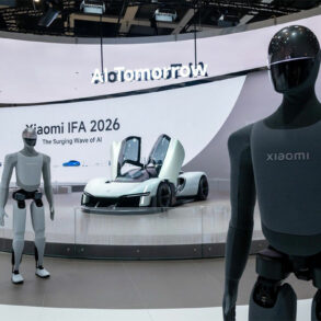 Vue large du stand Xiaomi avec la signature « Innovation for Everyone » et les robots humanoïdes, pour montrer l'ampleur de la présence
