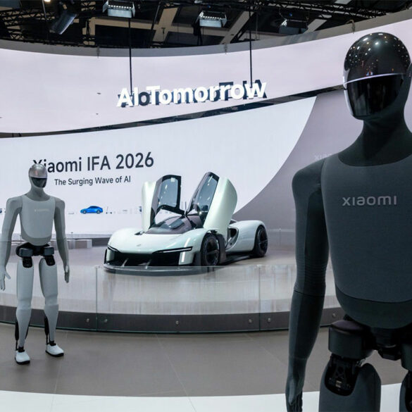 Vue large du stand Xiaomi avec la signature « Innovation for Everyone » et les robots humanoïdes, pour montrer l'ampleur de la présence