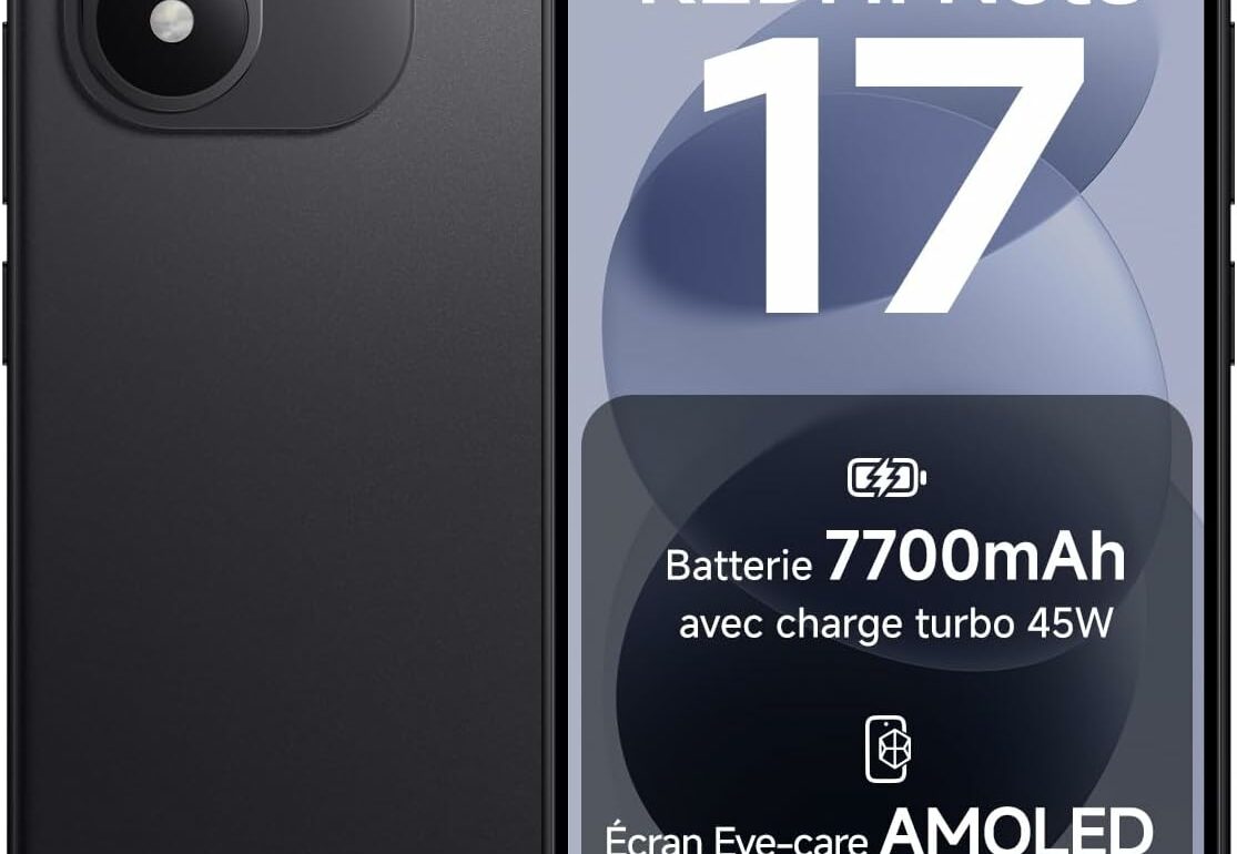 Smartphone Xiaomi Redmi Note 17 noir, vue de face et de dos