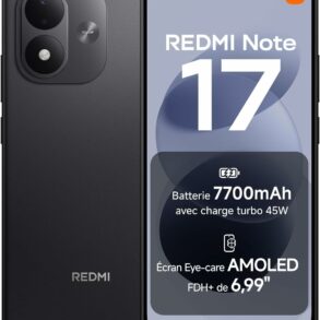 Smartphone Xiaomi Redmi Note 17 noir, vue de face et de dos
