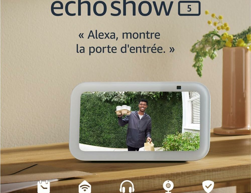 Écran connecté Echo Show 5 bleu-gris posé sur une étagère