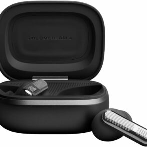Écouteurs JBL Live Beam 4 noirs avec leur étui de recharge à écran