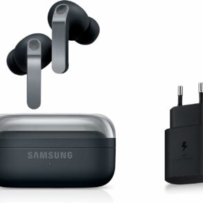 Écouteurs sans fil Samsung Galaxy Buds4 Pro et leur boîtier transparent